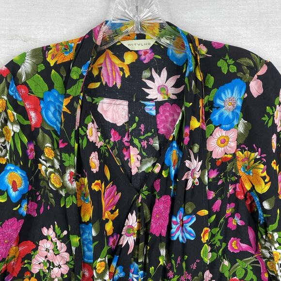 Anthro 11-1-TYLHO Top Womens M Black Floral Colorful Roll Tab Sleeve Button Up - Picture 2 of 10
